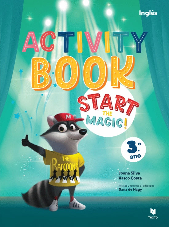 Workbook de Inglês do 3.º ano, capa com guaxinim e título Start the Magic! 3.
