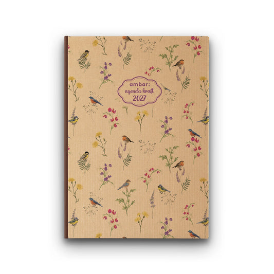 Agenda Graphic Kraft 2027 - capa com aves e pequenos motivos botânicos