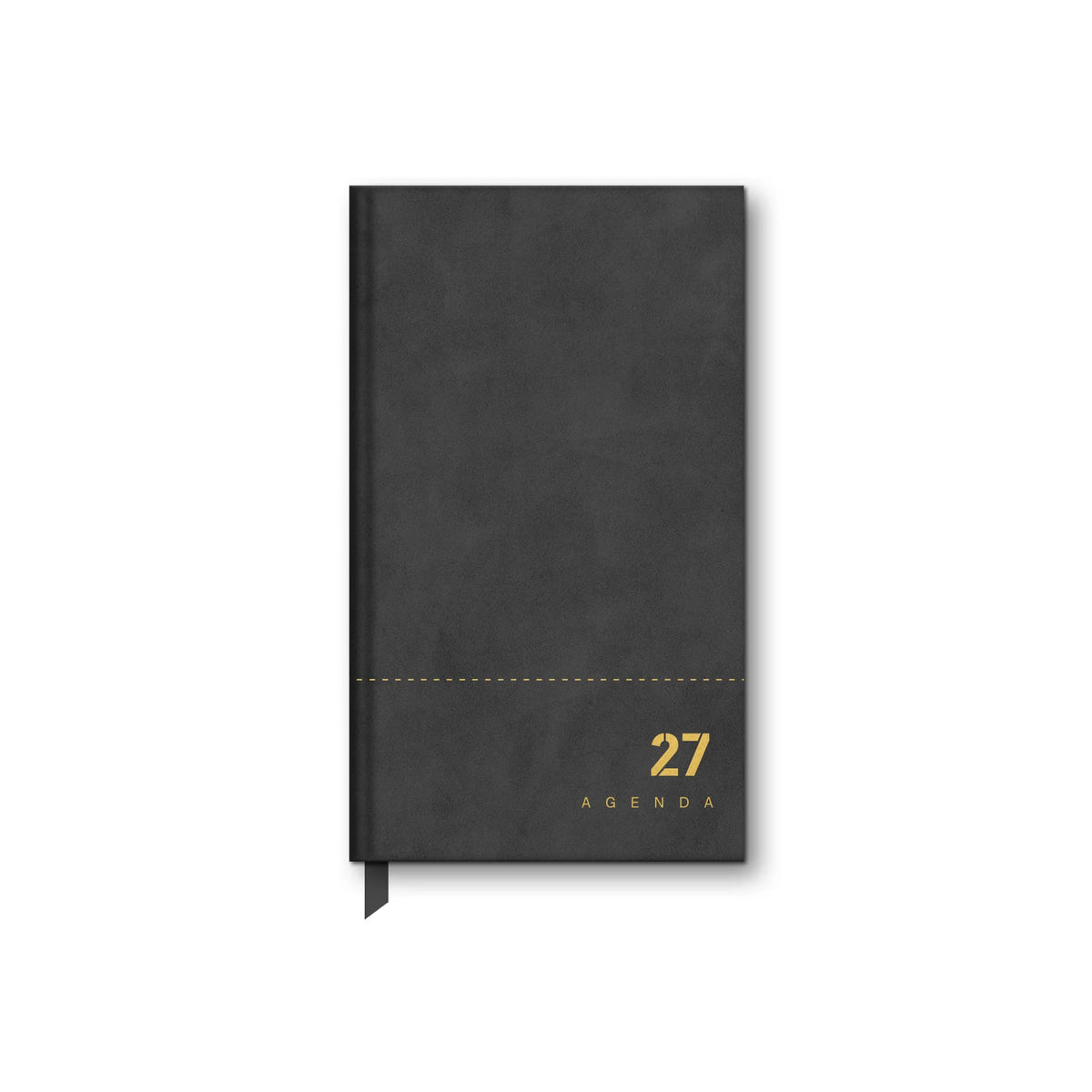 Agenda 2027 de capa preta com logótipo dourado 27 e marcador