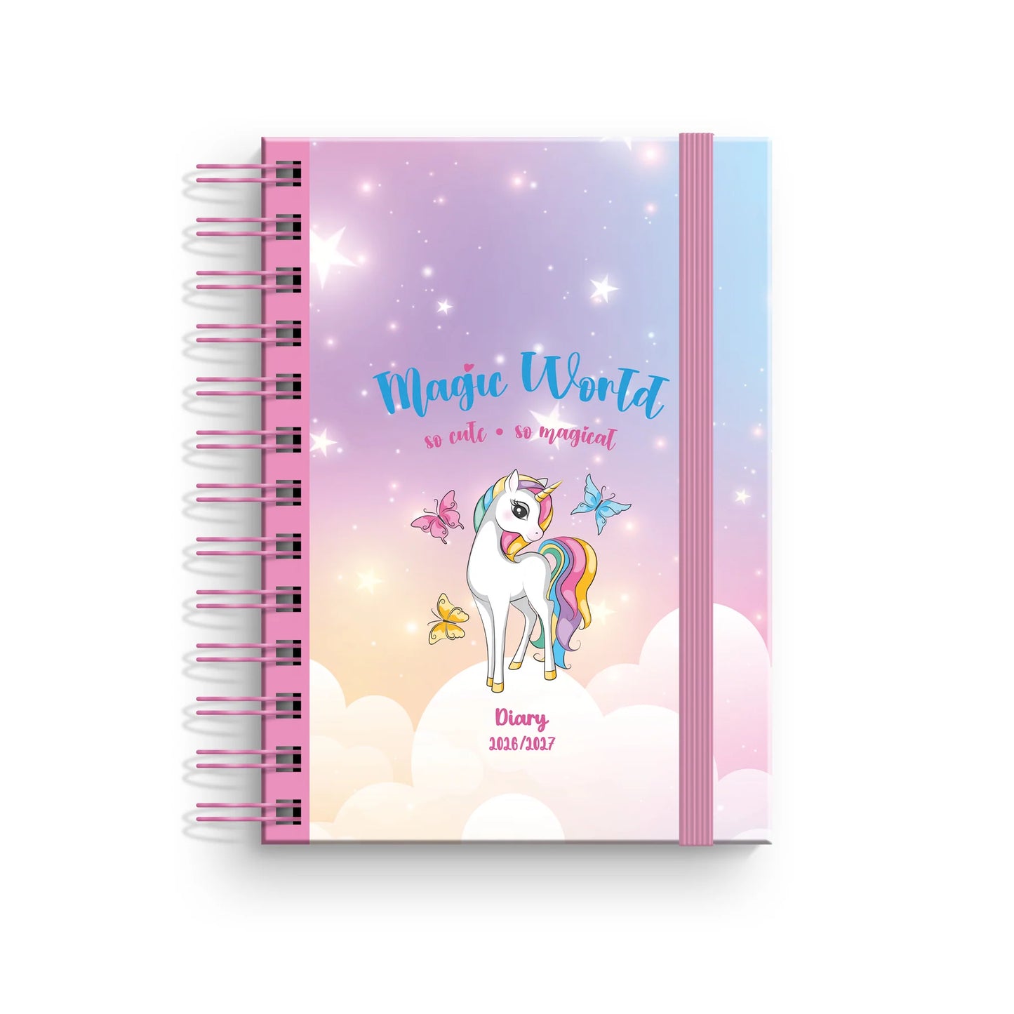 Agenda escolar de bolso tamanho A6 da coleção Magic World, mostrando uma capa com ilustrações místicas, astros e elementos de um mundo de fantasia.