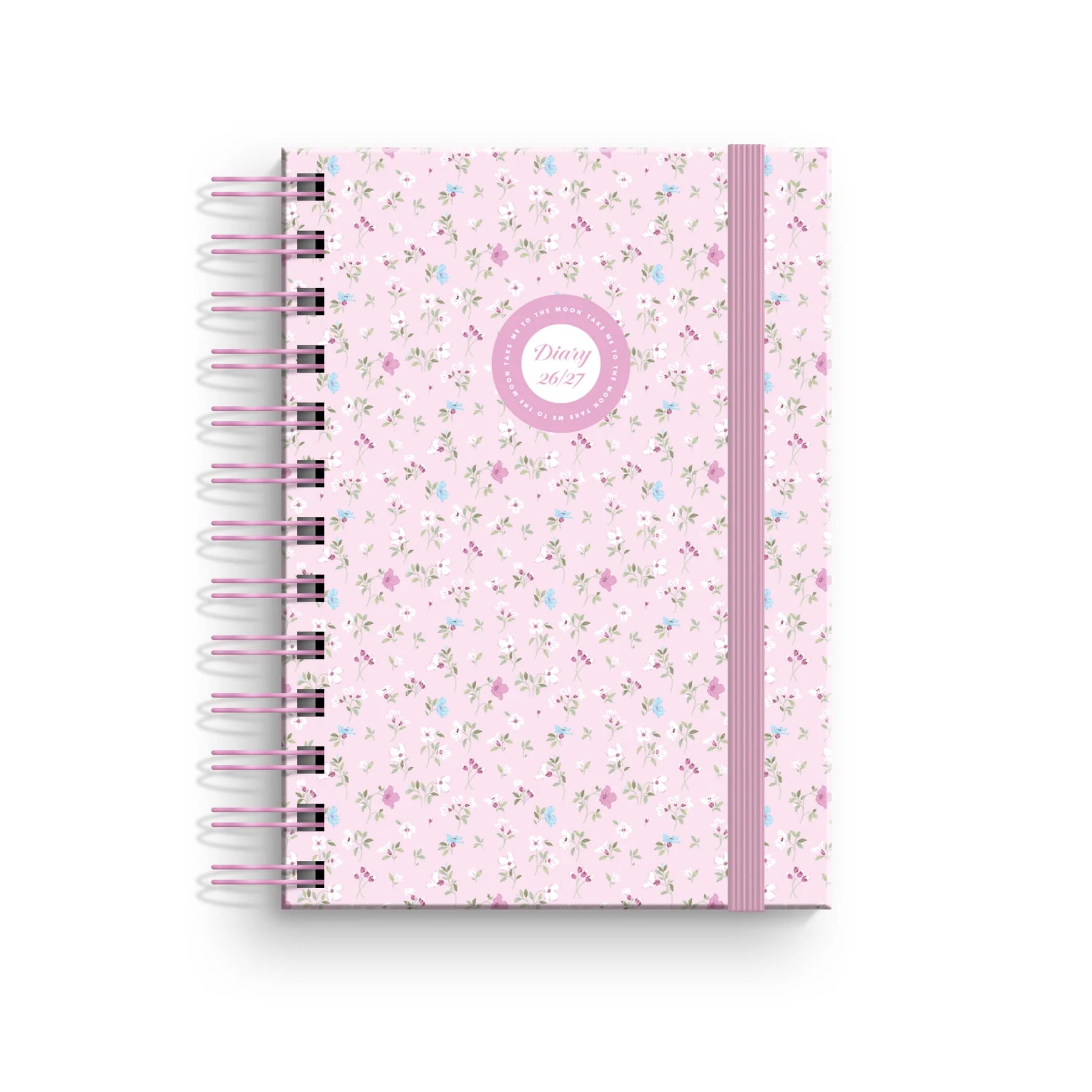 Agenda escolar de tamanho compacto A6 com padrão floral e místico Cute Pink Moonflower, exibindo ilustrações delicadas sobre um fundo rosa suave.