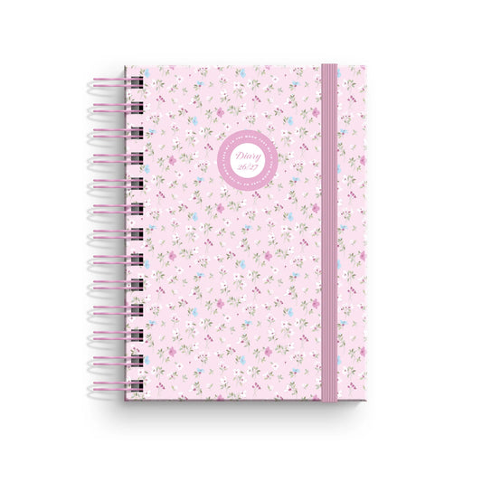 Agenda escolar de tamanho compacto A6 com padrão floral e místico Cute Pink Moonflower, exibindo ilustrações delicadas sobre um fundo rosa suave.