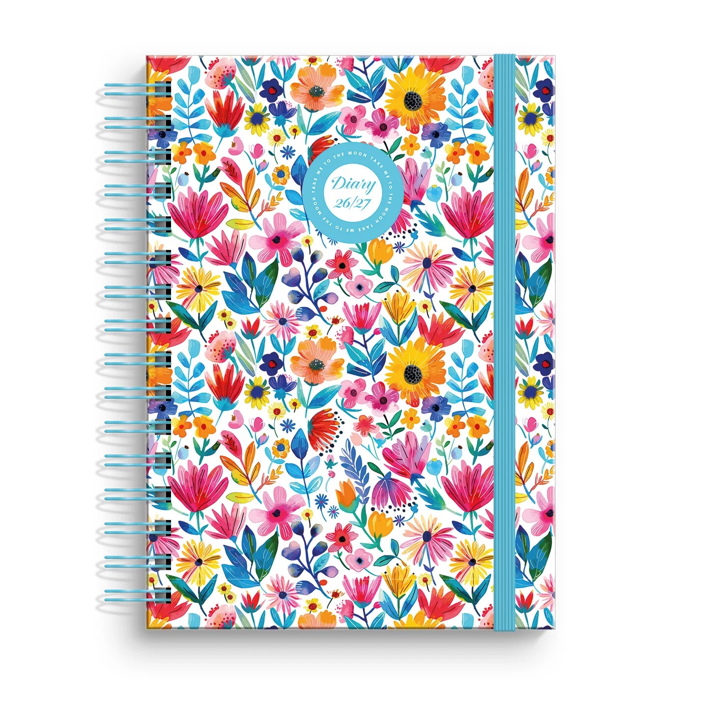 Capa dura de agenda escolar tamanho A5 com padrão botânico Garden Moonflower, exibindo ilustrações de flores e elementos lunares sobre um fundo escuro elegante.