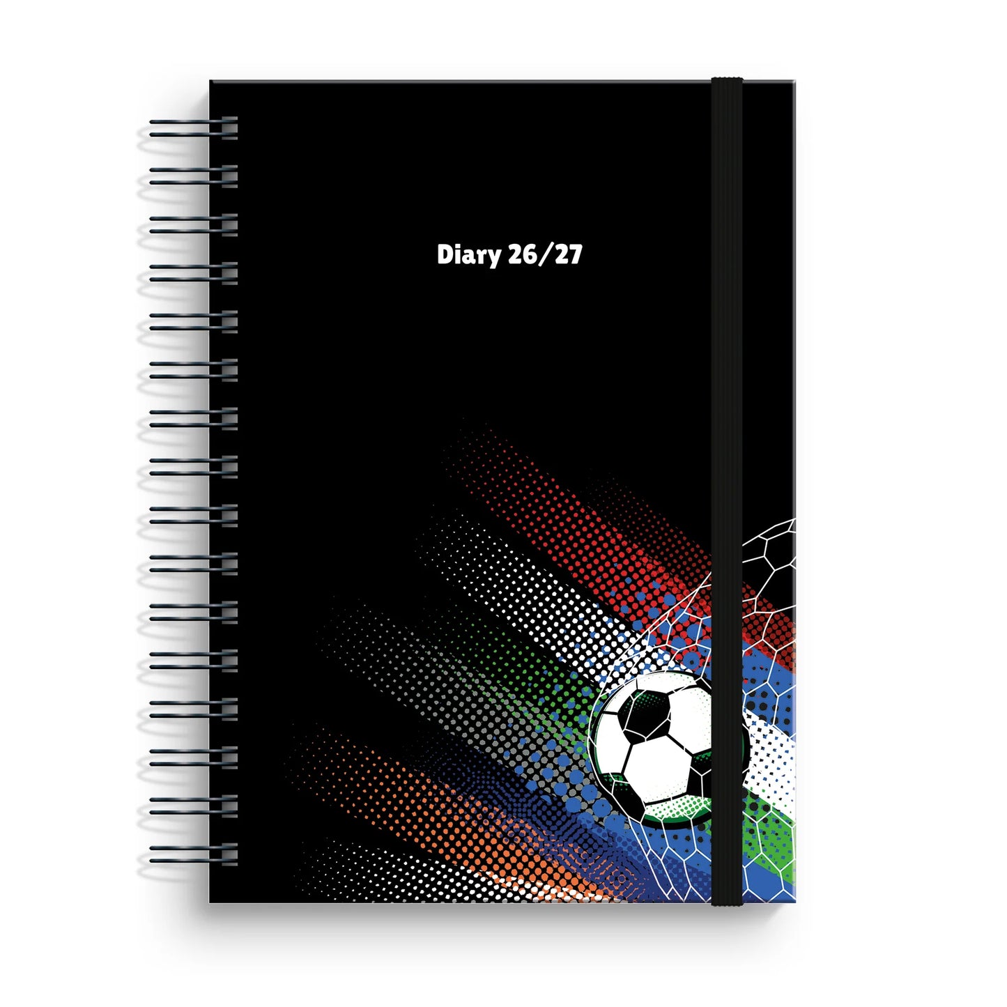 Capa de agenda escolar tamanho A5 da coleção Inverse, com um design gráfico moderno de forte contraste cromático e acabamento minimalista.
