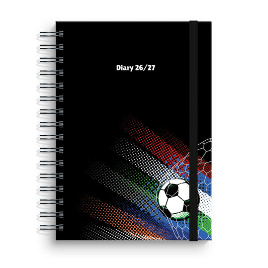 Capa de agenda escolar tamanho A5 da coleção Inverse, com um design gráfico moderno de forte contraste cromático e acabamento minimalista.