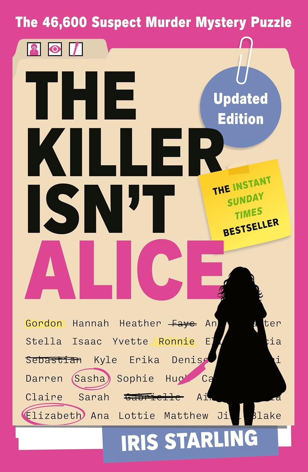 Livro de mistério puzzle com capa “The Killer Isn’t Alice” e selo Updated Edition