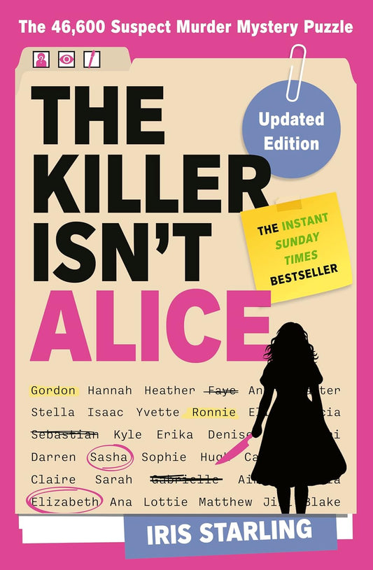 Livro de mistério puzzle com capa “The Killer Isn’t Alice” e selo Updated Edition