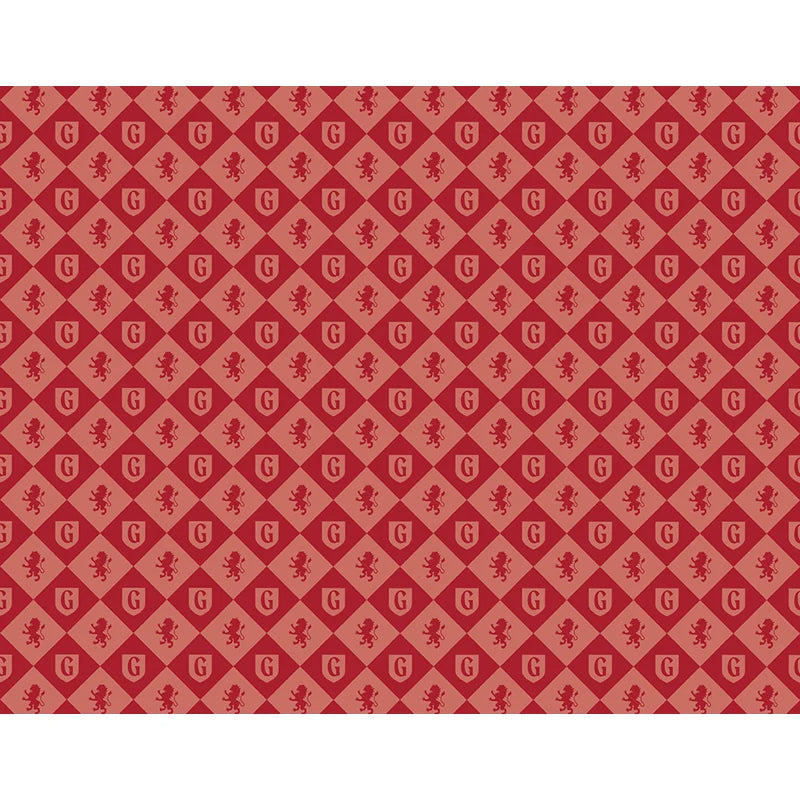 Caderno pautado Harry Potter, padrão vermelho de Gryffindor com brasões e leões.