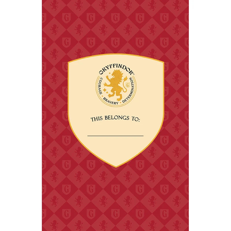Caderno pautado Harry Potter, etiqueta de Gryffindor para escrever o nome.