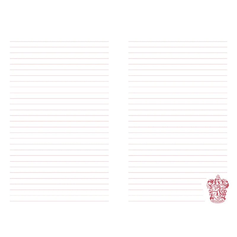 Caderno pautado Harry Potter, páginas interiores com linhas e brasão de Gryffindor.