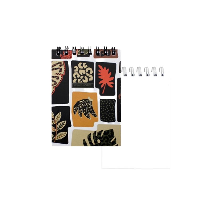 Mini bloco de notas espiral de tamanho de bolso A7 da marca Makenotes com capa de padrão de folhas tropicais e páginas interiores lisas prontas para escrita.