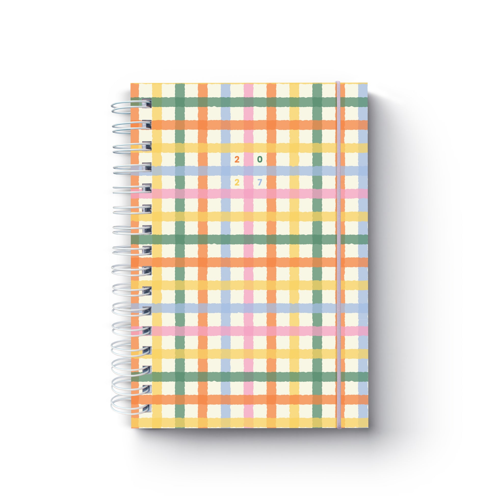 Agenda diária de 2027 Mosa com padrão axadrezado colorido em tons de amarelo, laranja, verde, azul e rosa, encadernação em espiral branca e fecho elástico lilás, sobre um fundo neutro.