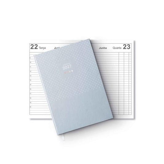 Agenda diária azul clara com capa de pontos e páginas abertas com grelha.