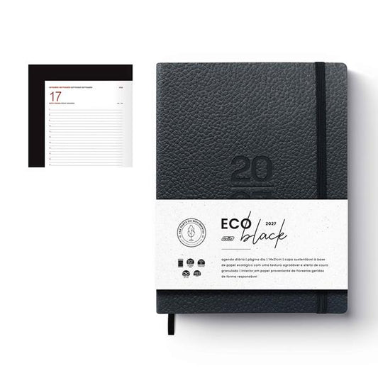 Agenda diária preta com capa texturada, número 20, marcador e páginas internas visíveis.