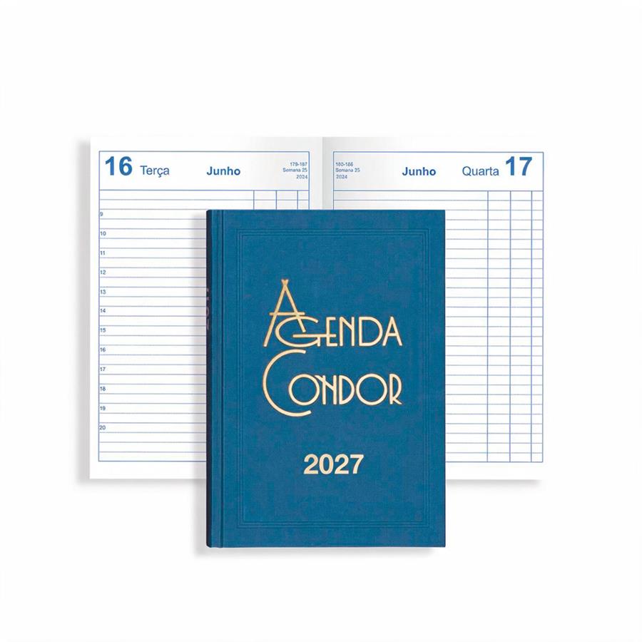 Agenda diária Condor 2027 azul-escura com logótipo dourado na capa.