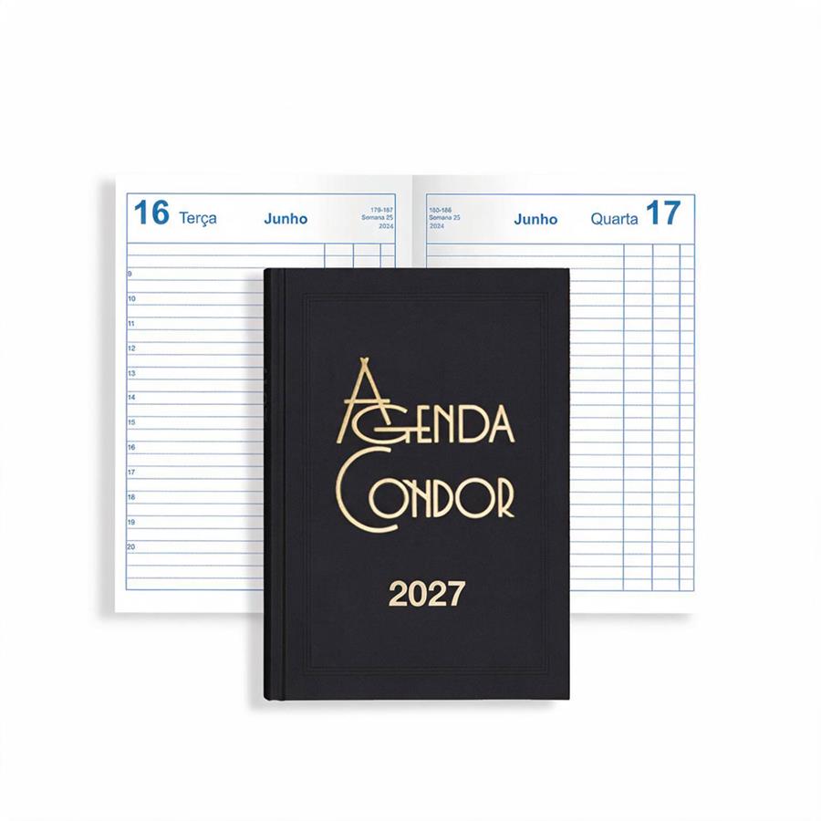 Agenda diária Condor 2027 preta com logótipo dourado na capa.
