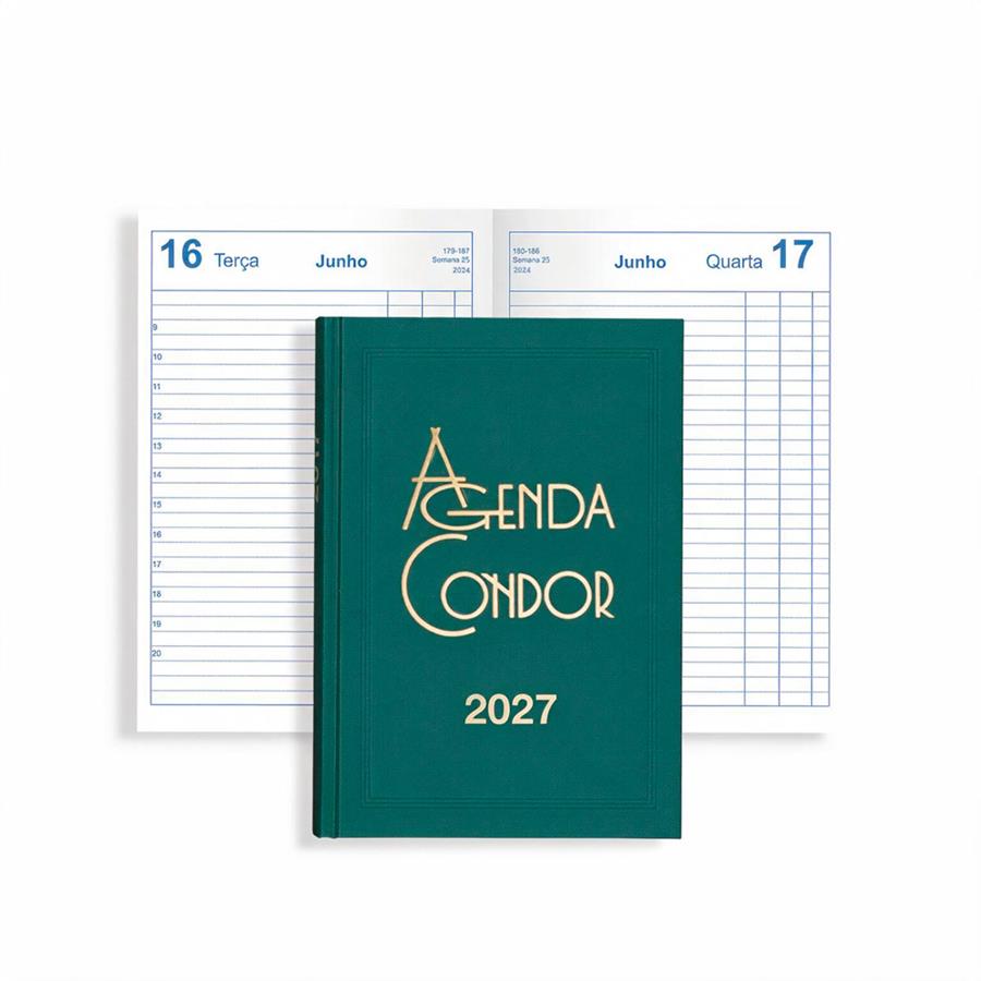 Agenda diária Condor 2027 verde-escura com logótipo dourado na capa.