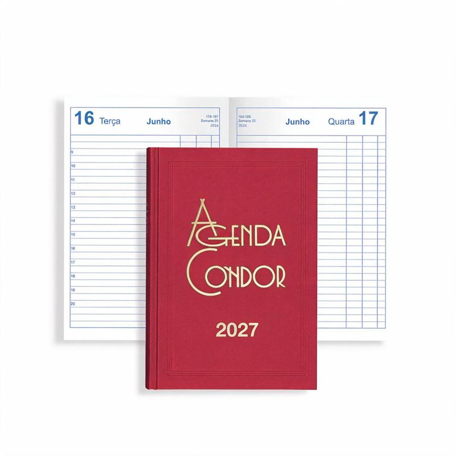 Agenda diária Condor 2027 vermelha com logótipo dourado na capa.