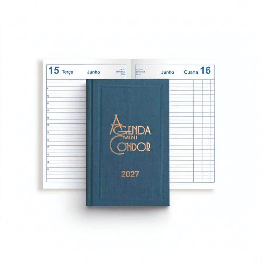 Agenda mini Condor 2027 azul-escura com logótipo dourado na capa.