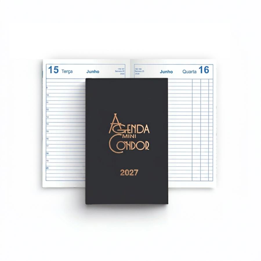 Agenda mini Condor 2027 escura com logótipo dourado na capa.