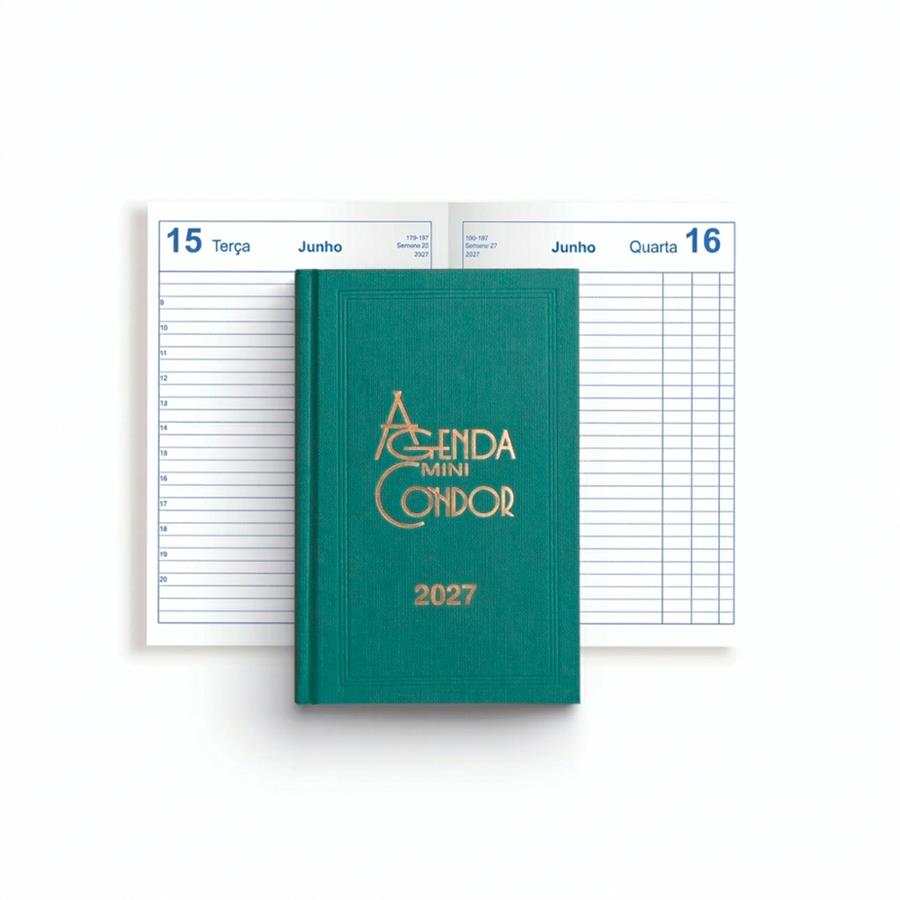 Agenda mini Condor 2027 verde-escura com logótipo dourado na capa.
