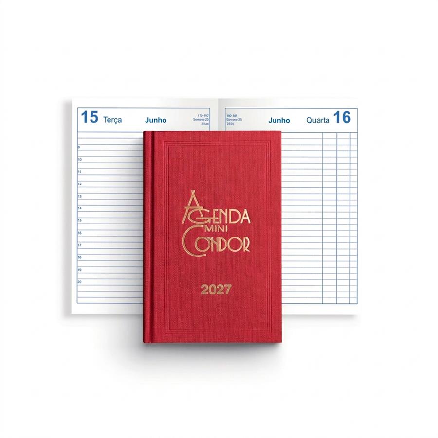 Agenda mini Condor 2027 vermelha com logótipo dourado na capa.