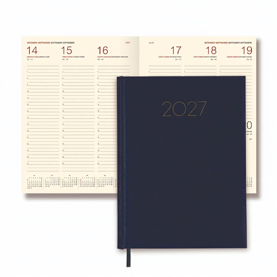 Agenda 2027 azul com capa “2027”, marcador de fita e páginas semanais visíveis