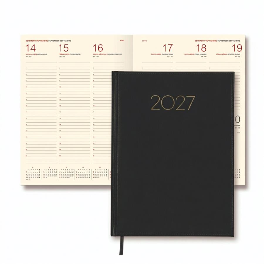 Agenda 2027 preta com capa “2027”, marcador de fita e páginas semanais visíveis