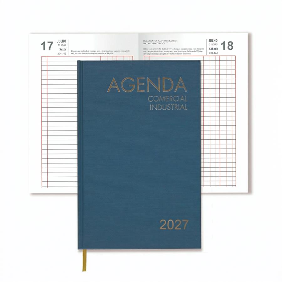 Agenda comercial e industrial 2027 azul, com marcador e texto dourado na capa