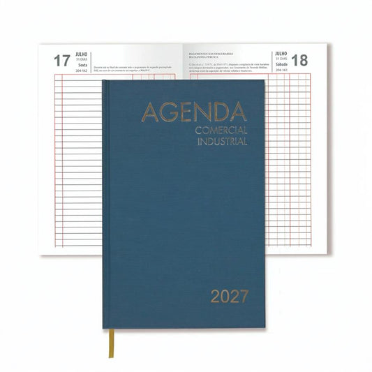 Agenda comercial e industrial 2027 azul, com marcador e texto dourado na capa