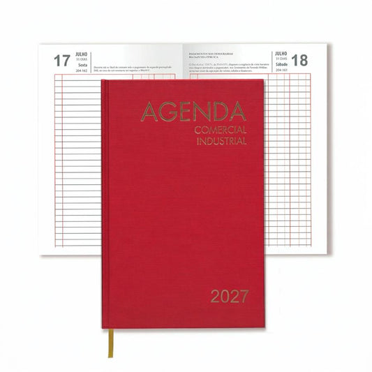 Agenda comercial e industrial 2027 tinto, com marcador e texto dourado na capa