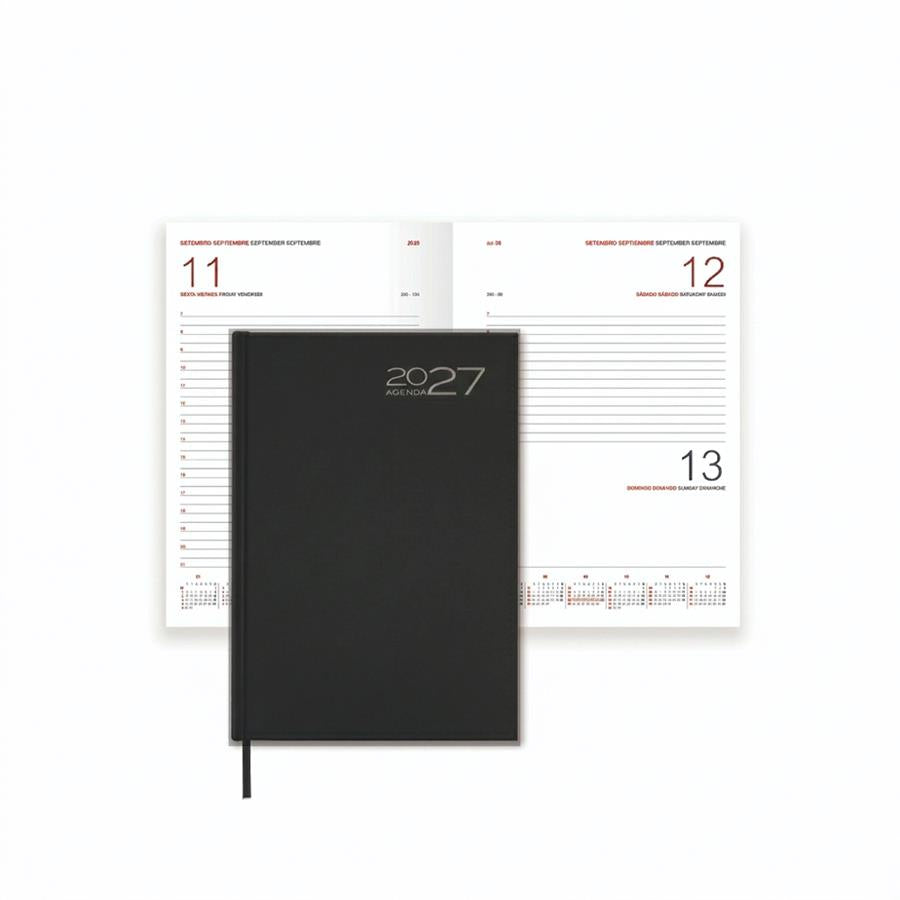 Agenda Orion 2027 de capa preta com marcador na lombada