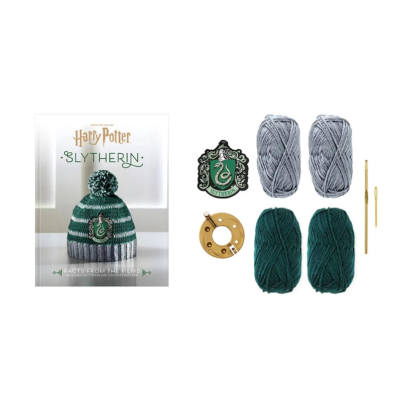 Kit de croché para gorro da Slytherin com lãs, emblema, agulhas e acessórios