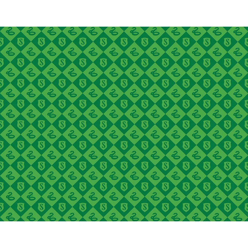Padrão verde do caderno, com símbolos da Slytherin.