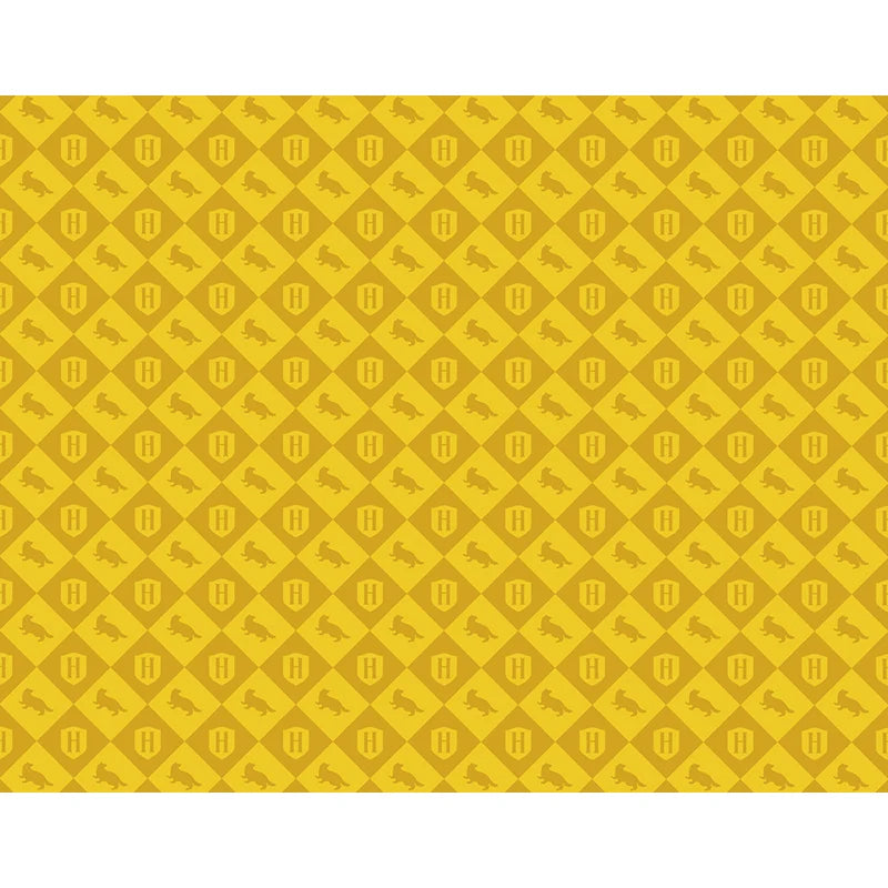 Caderno pautado Harry Potter, padrão amarelo de Hufflepuff com brasões e texugos.