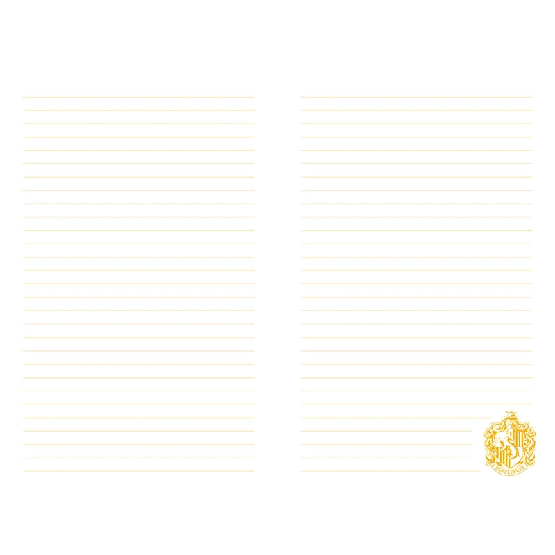 Caderno pautado Harry Potter, páginas interiores com linhas e brasão de Hufflepuff.