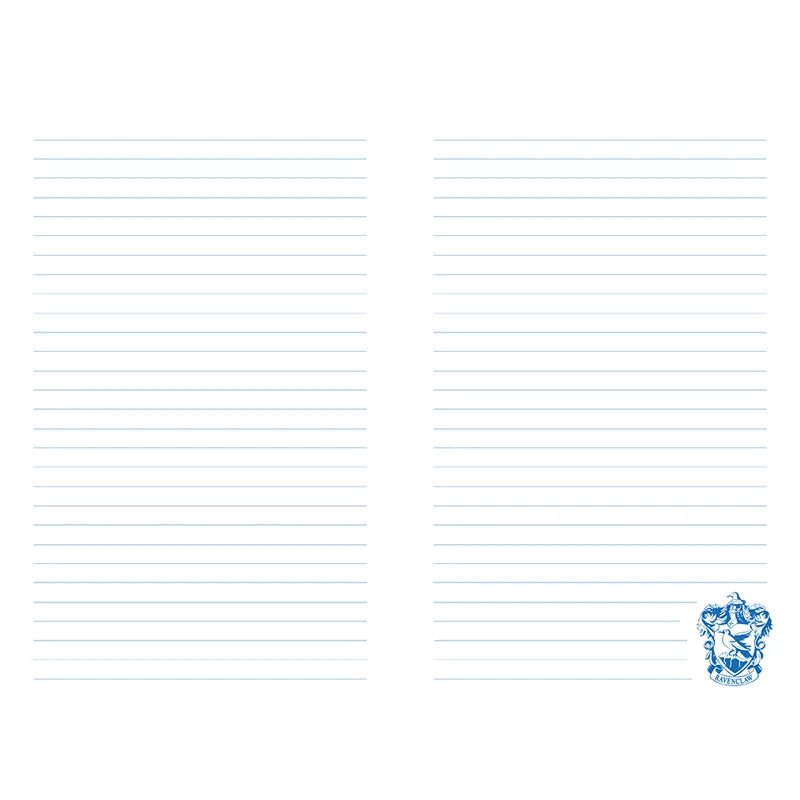 Páginas pautadas do caderno, com pequeno brasão da Ravenclaw no canto.
