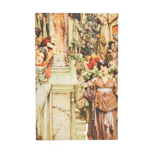 Agenda maxi 2027 com capa ilustrada em colagem, figuras e flores, vista lateral