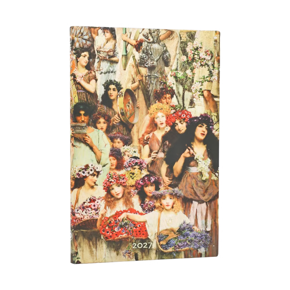 Agenda maxi 2027 com capa ilustrada, figuras e flores em colagem multicolor