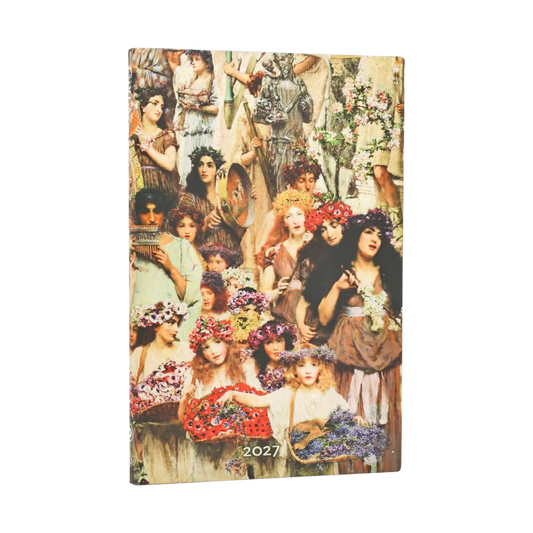 Agenda maxi 2027 com capa ilustrada, figuras e flores em colagem multicolor