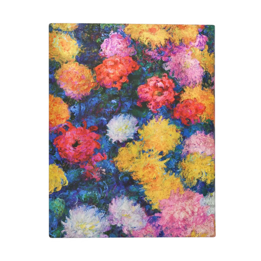 Agenda Monet’s Chrysanthemums 2027 com capa de flores multicoloridas, vista de frente