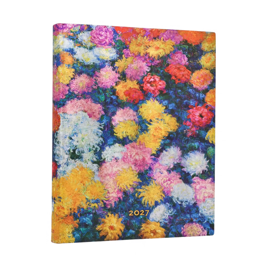 Agenda Monet’s Chrysanthemums 2027 com capa floral e ano dourado na parte inferior