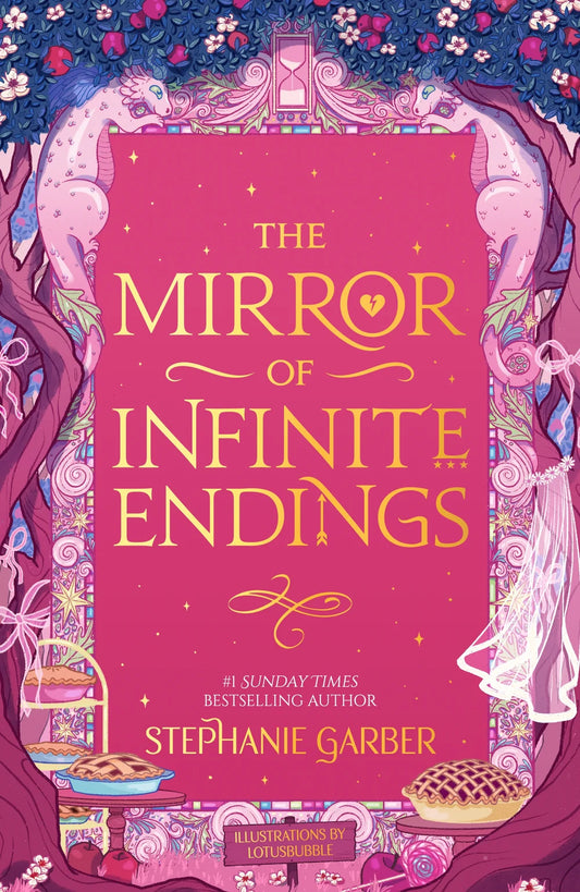 Livro de capa dura com capa roxa e título dourado «The Mirror of Infinite Endings»