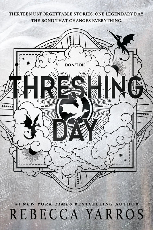Capa de livro Threshing Day de Rebecca Yarros, ilustração a preto e nuvens.