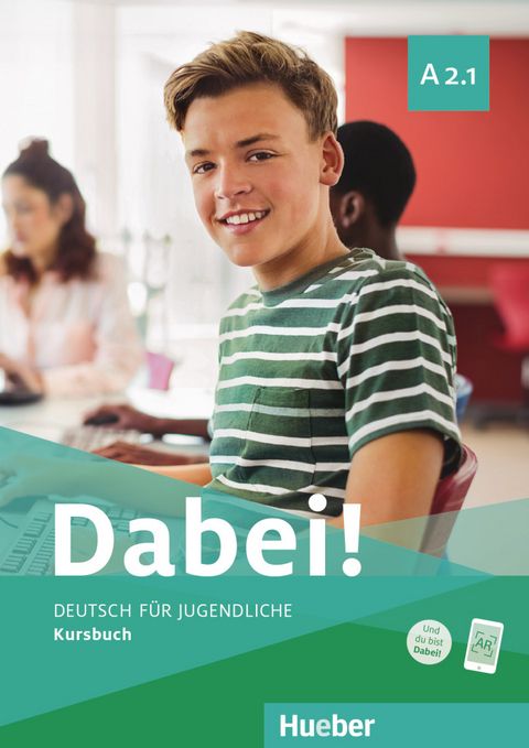Livro de curso de alemão Dabei A2.1, capa verde com título 'Dabei!' e selo Hueber