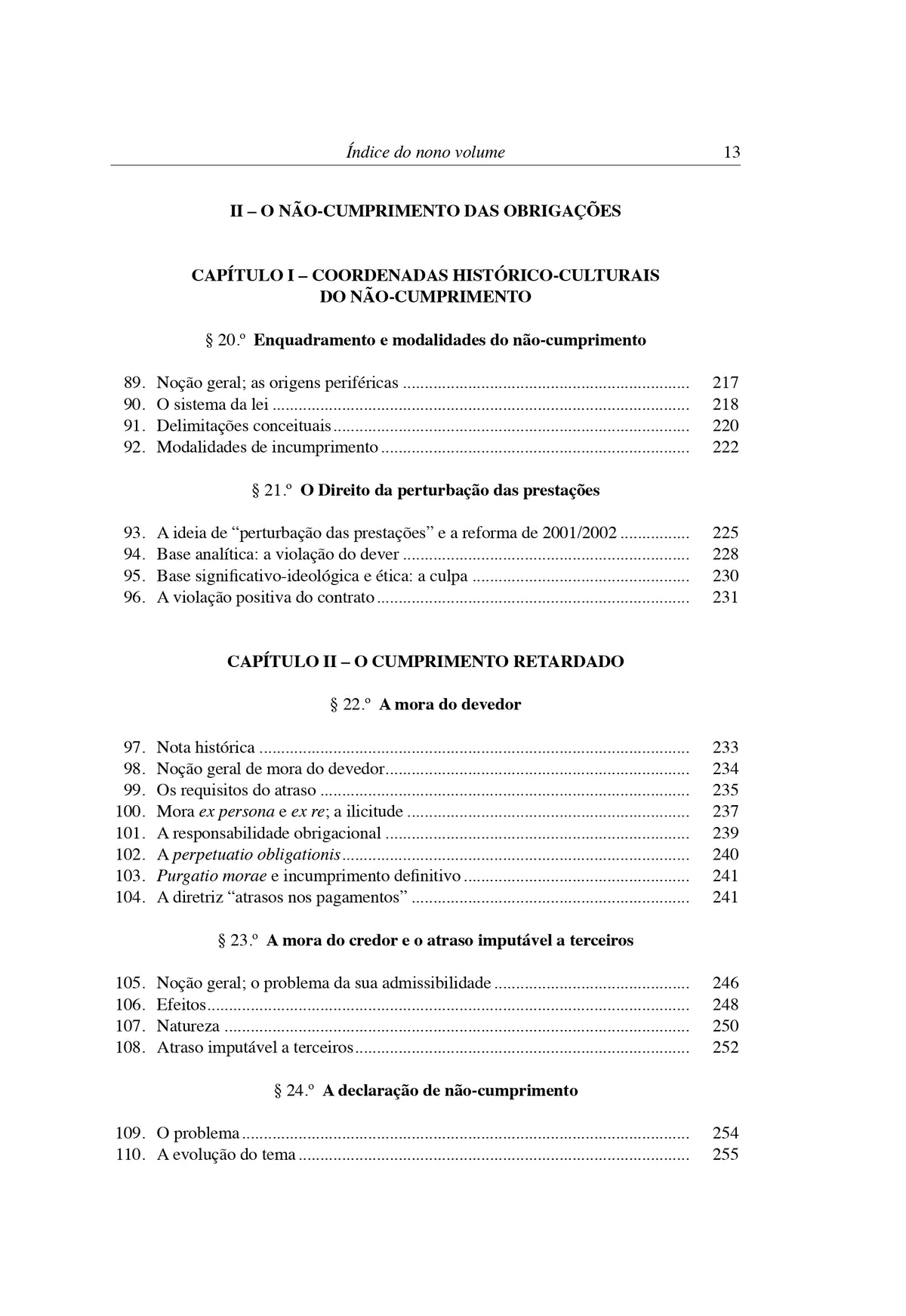 Livro de Direito Civil, página de índice com capítulos e secções