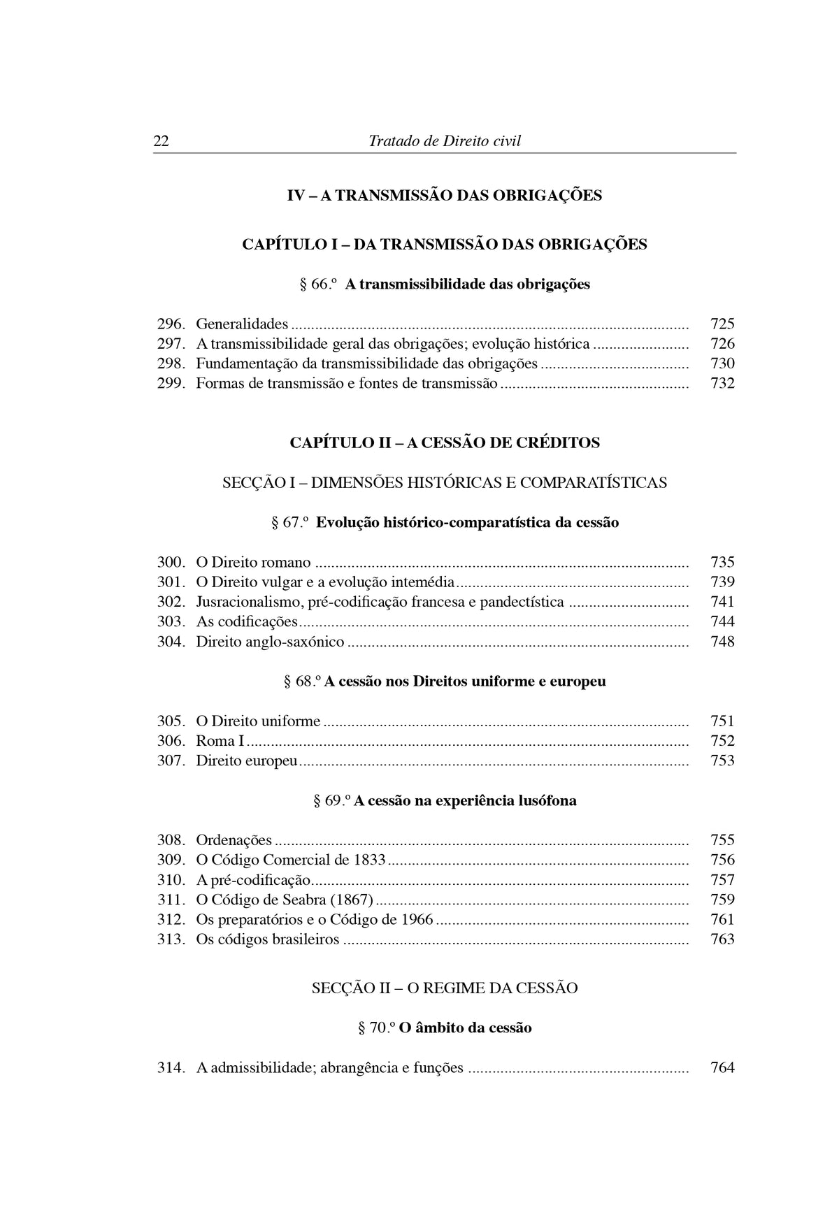 Página de livro jurídico com índice do capítulo IV, sobre transmissão das obrigações.