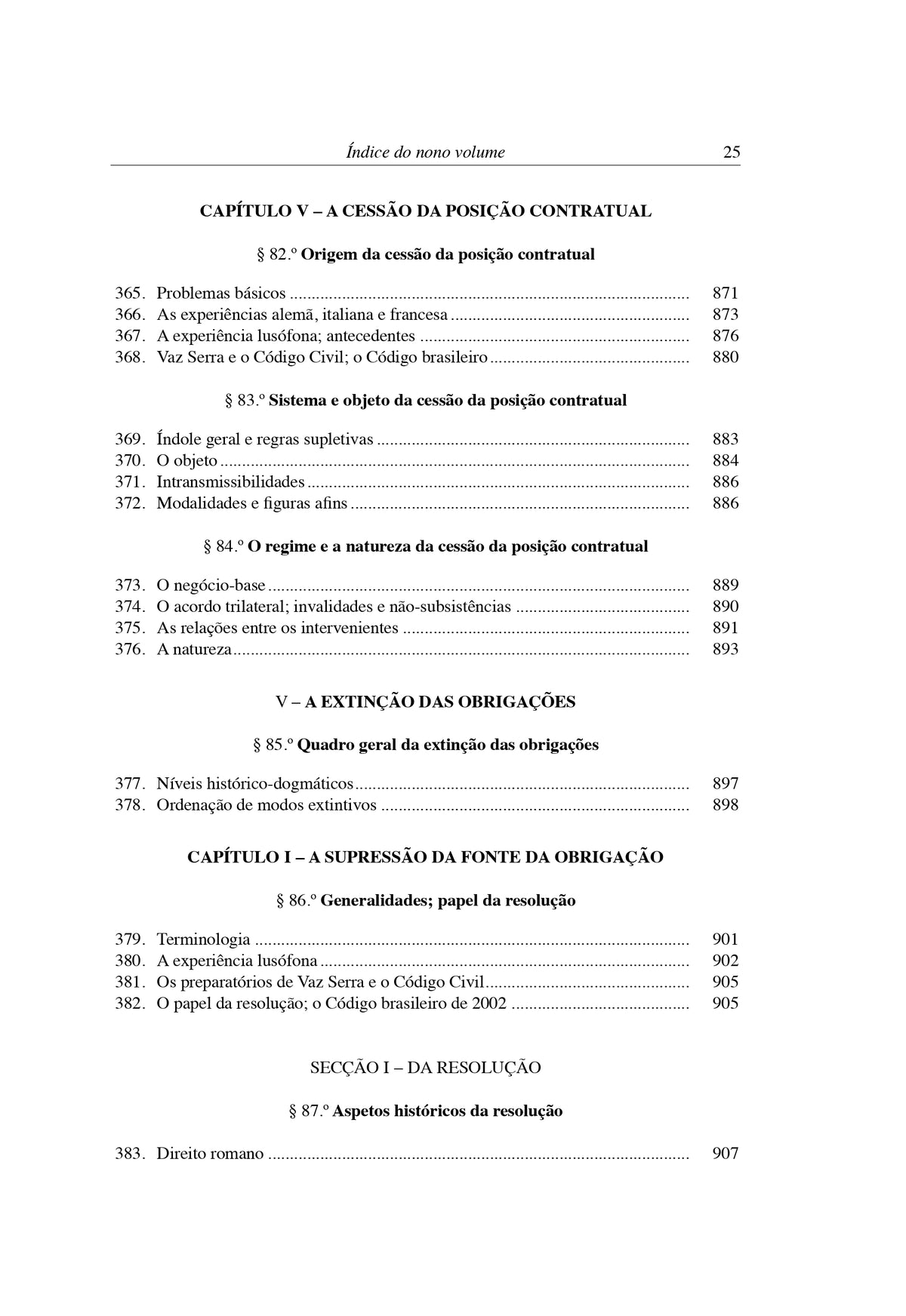 Página de índice do Tratado de Direito Civil IX com capítulos sobre obrigações.