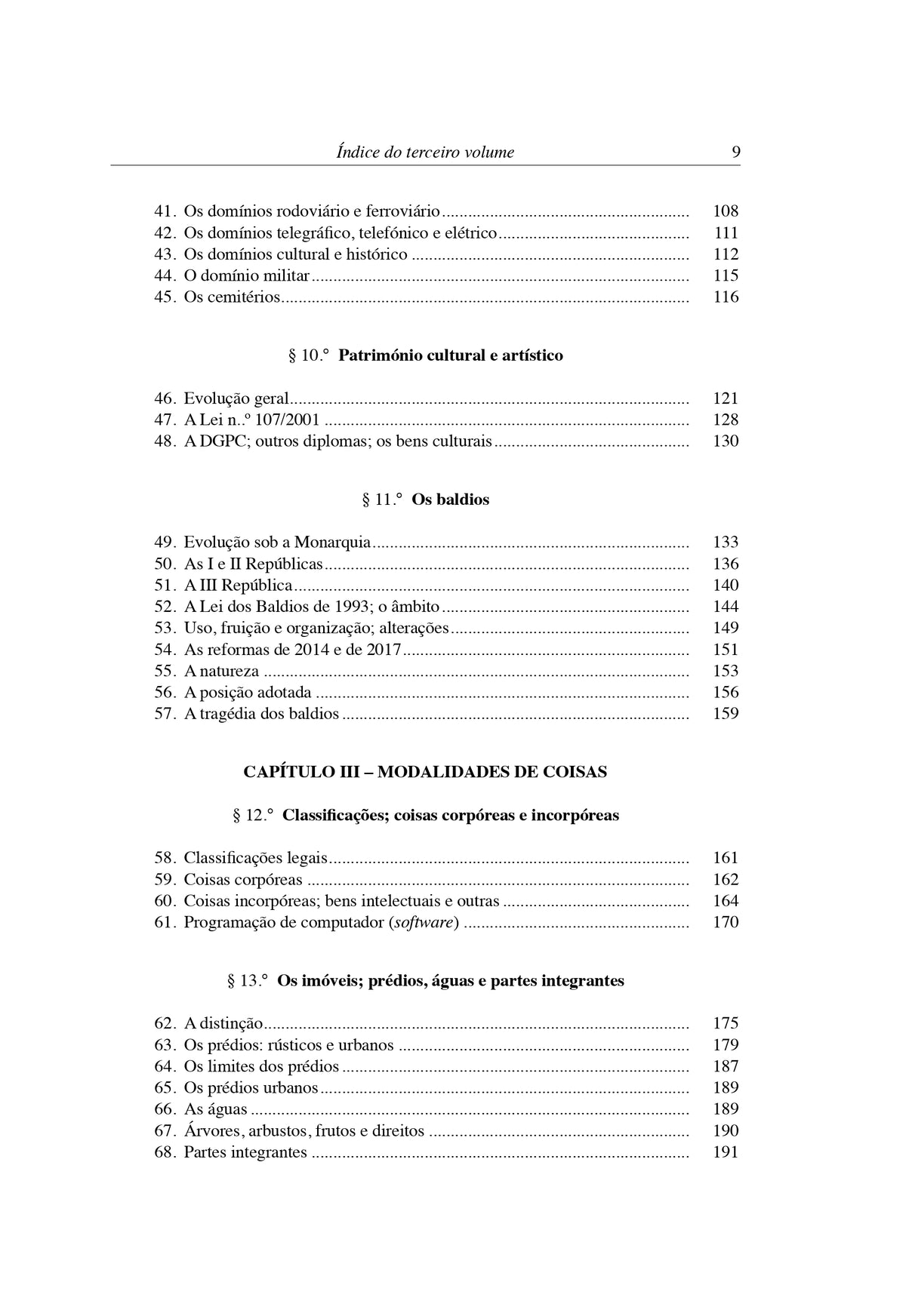 Livro de Direito Civil III: índice do volume, secções e tópicos com numeração