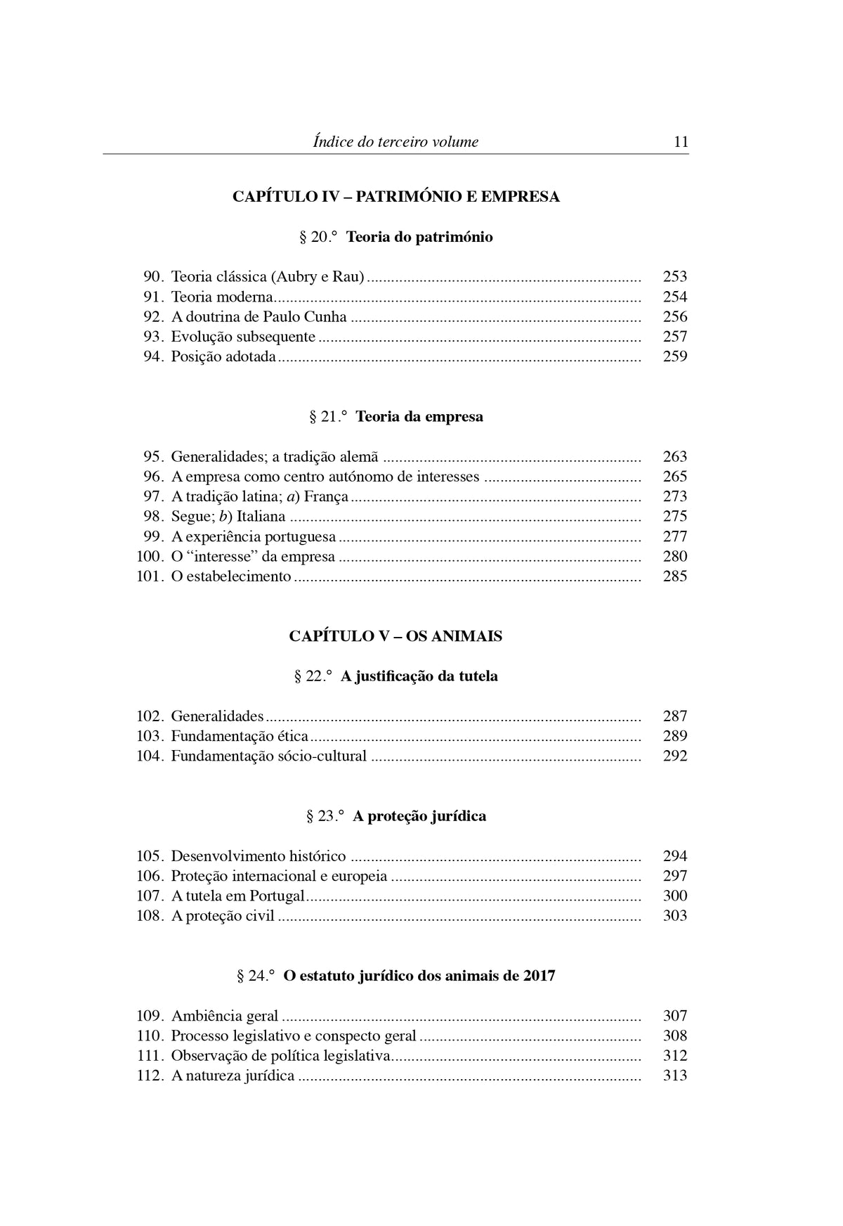 Livro de Direito Civil III: índice do volume, capítulos sobre património e animais
